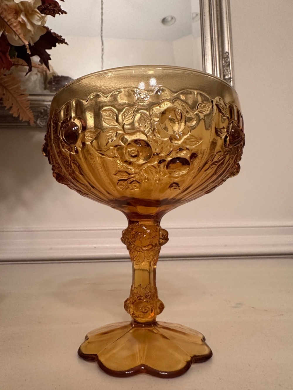 Fenton Amber Glass Pedestal Compote Cabbage Rose